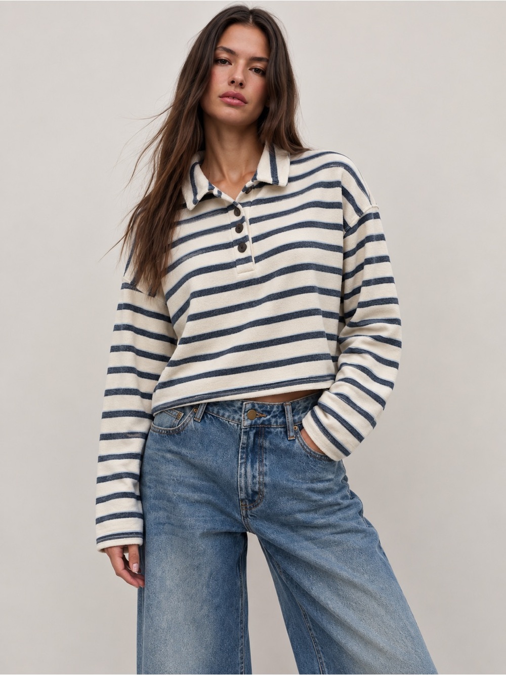 J. Crew Baggy Cream and Navy Striped Collared Slight Cropped Sweatshirt Sz Large